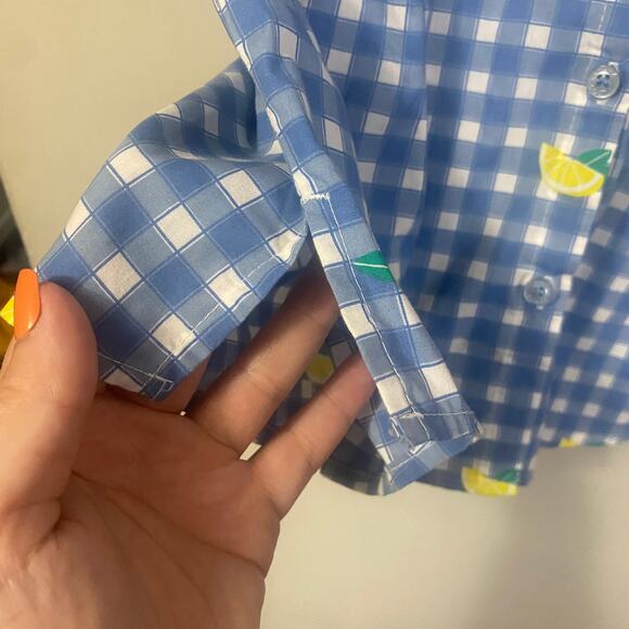 Laura Scott Blue White Gingham Button Down Blouse Lemon Print Sleeveless Sz M - Picture 3 of 9